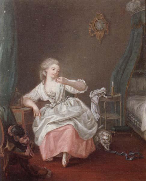 unknow artist A bedroom interior with a young girl holding a song bird